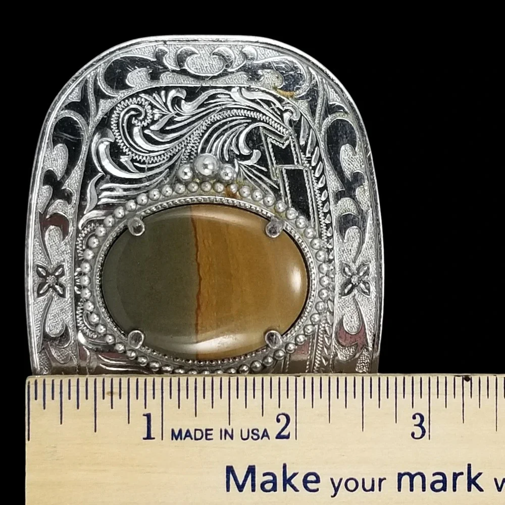 Vintage Western Silver Tone Floral Engraved Belt Buckle‎ with Brown Jasper Stone